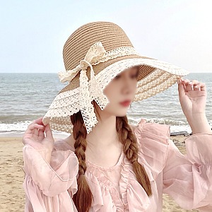 봄 여름 가을 세줄레이스챙 밀짚 시원한 밀짚모자 해변모자 여성 여자 모자 버킷햇