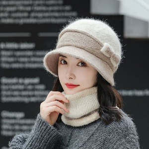 워머 세트 리본 사이드 포인트 배색 모자 워머 세트 털모자 보온 가을 겨울 겨울모자 여성 벙거지
